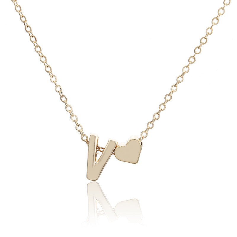 Collier en forme de cœur de pêche avec lettres et chaîne clavicule