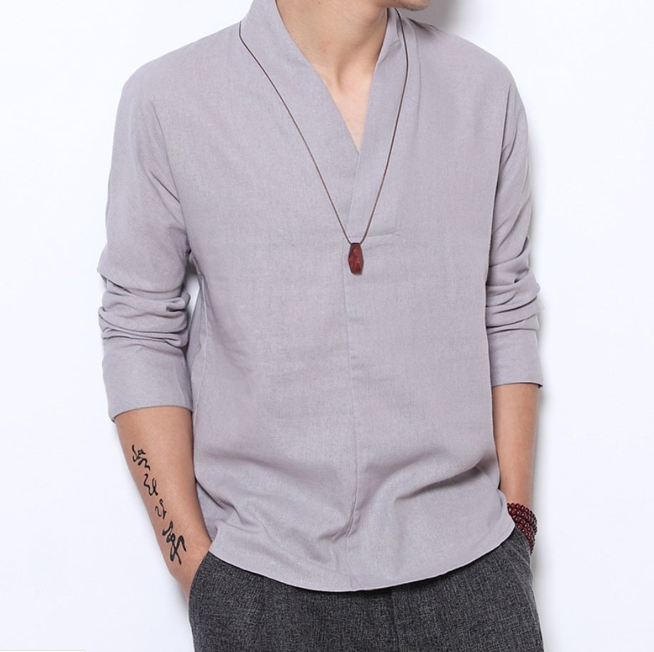 Chemise à manches longues pour homme en lin, style chinois rétro