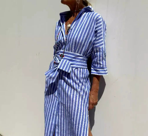 Vestido camisero a rayas con cinturón, a la moda, de media manga, solapa, botones, cárdigan, vestidos de ropa de mujer