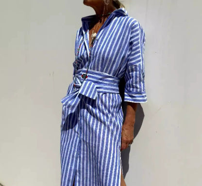 Vestido camisero a rayas con cinturón, a la moda, de media manga, solapa, botones, cárdigan, vestidos de ropa de mujer