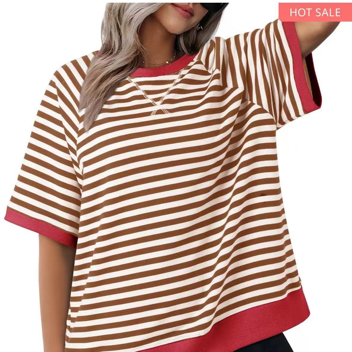 Camiseta suelta informal de rayas versátil para mujer