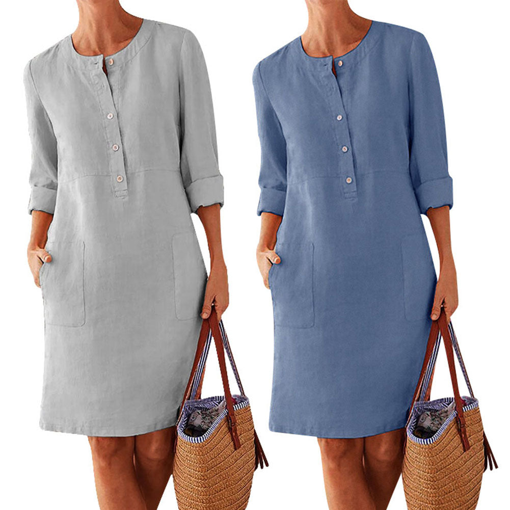 Robe longue à manches longues et col rond en coton et lin pour femmes grandes tailles