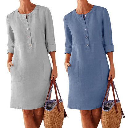 Robe longue à manches longues et col rond en coton et lin pour femmes grandes tailles