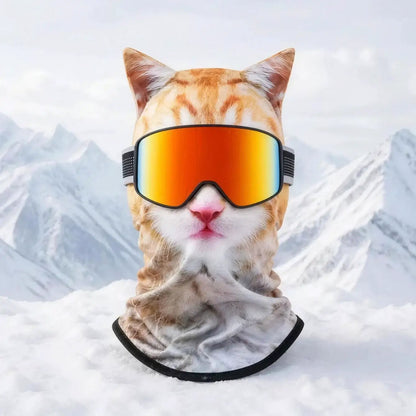 Realistic winter ski balaclava mask, cat wearing orange mirrored ski goggles in snowy mountains
