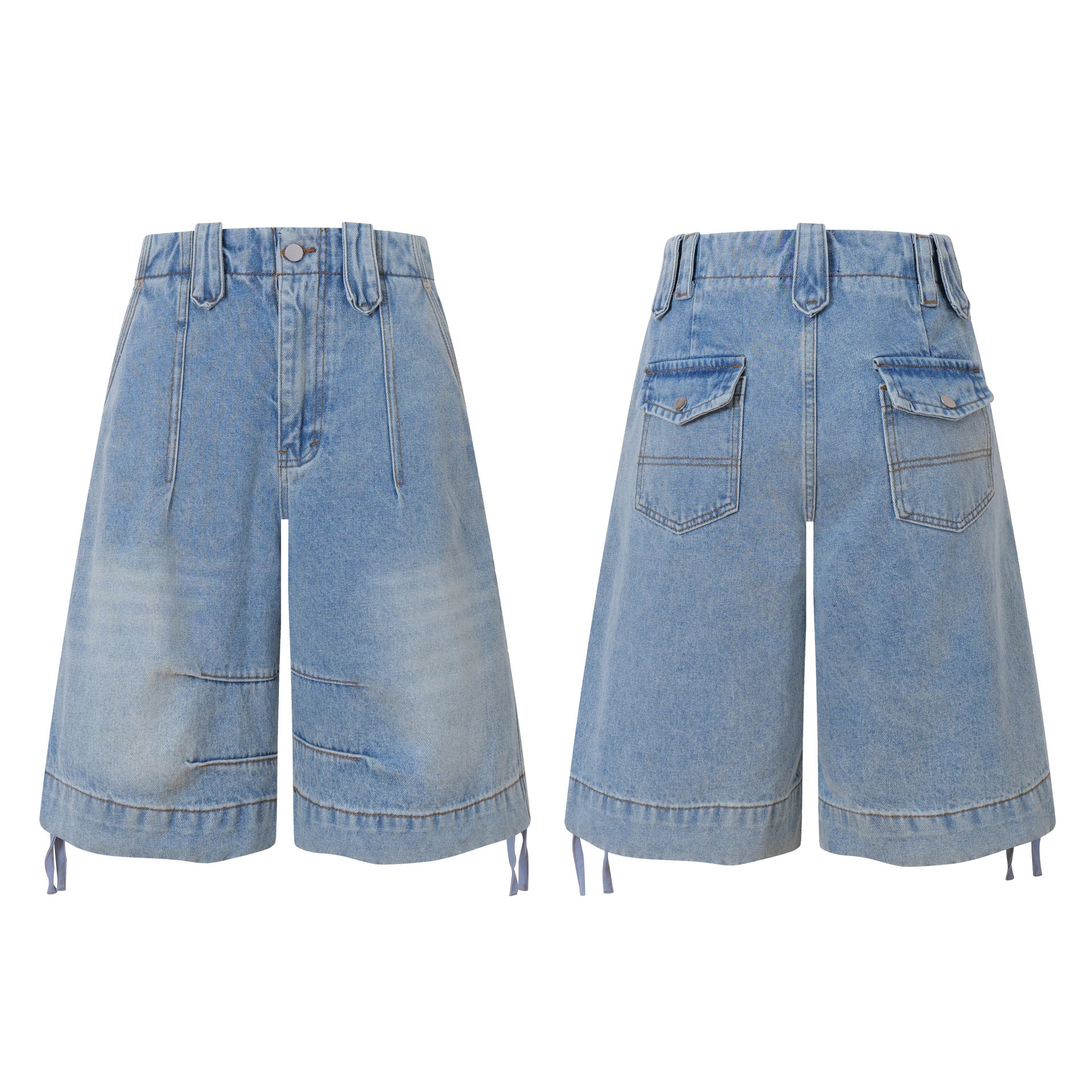 Washed Cargo Denim Capri Pants Women Korean Style High Waist Wide Leg Slim Straight Loose Mid-Length Pants