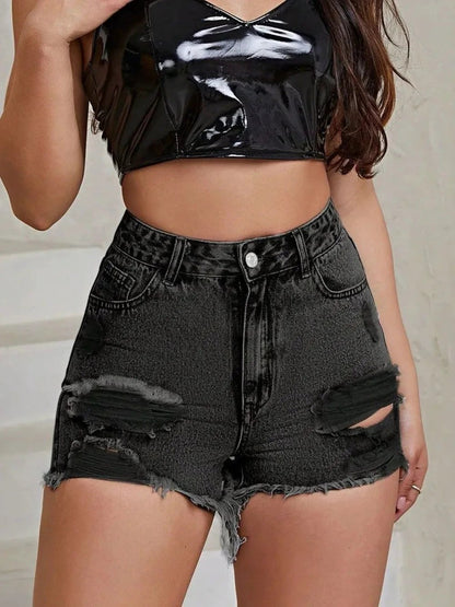 Distressed Raw Hem High Rise Denim Shorts by eprolo