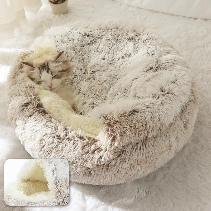 Plush shell pet nest, round grey and cream fur bed for cats and small pets