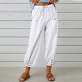 Pantalón Holgado de Algodón y Lino de Cintura Alta con Botones, Pantalón Capri de Pierna Ancha para Mujer