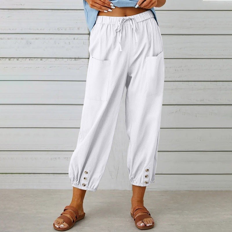 Pantalón Holgado de Algodón y Lino de Cintura Alta con Botones, Pantalón Capri de Pierna Ancha para Mujer