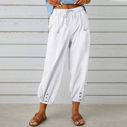 Pantalon ample taille haute en coton et lin avec boutons, coupe courte, jambes larges pour femme