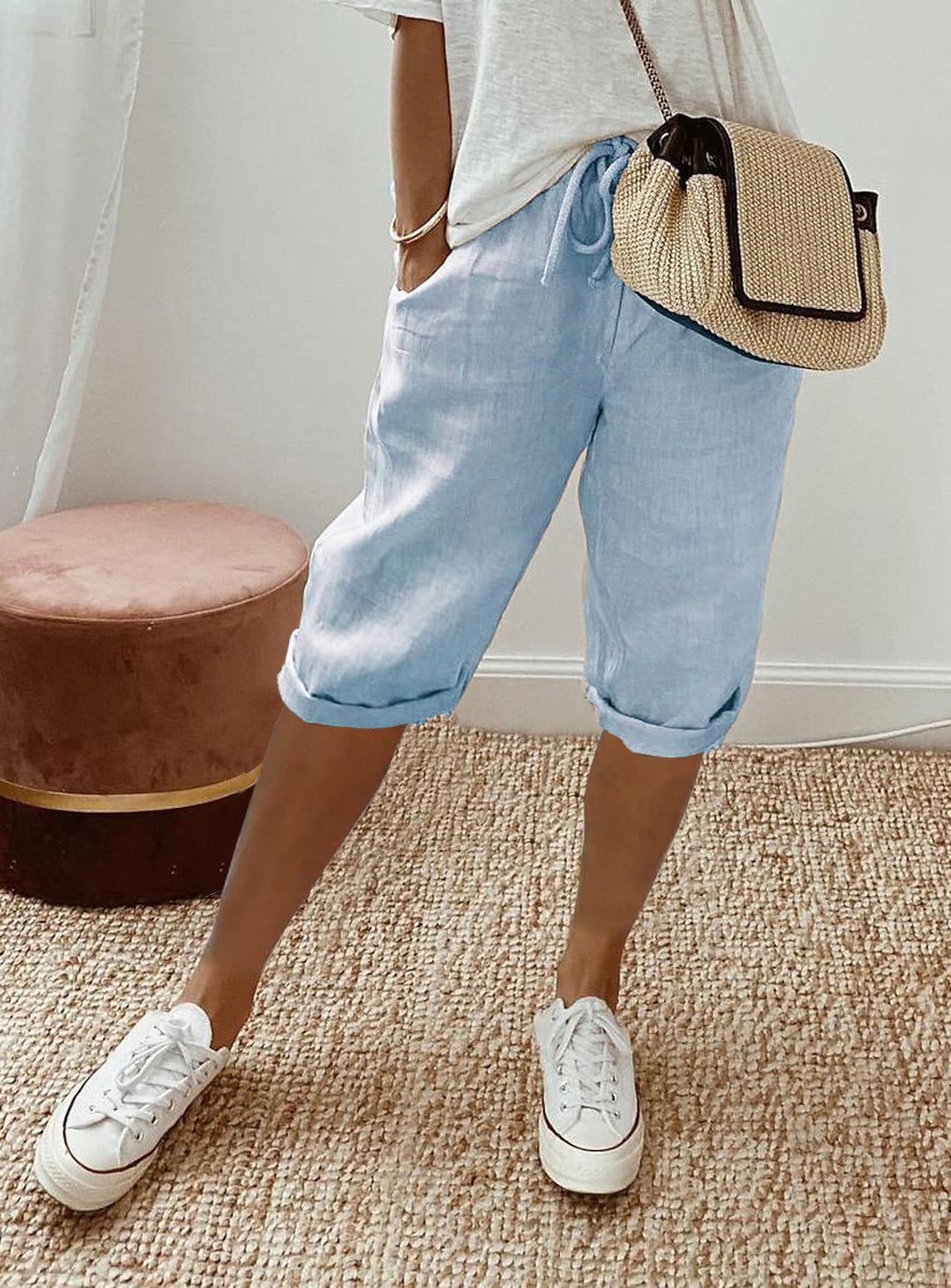 Shorts décontractés en coton et lin avec poches et taille élastique pour femme
