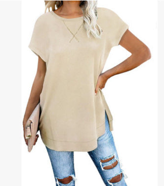 Women's solid color round neck drop shoulder top