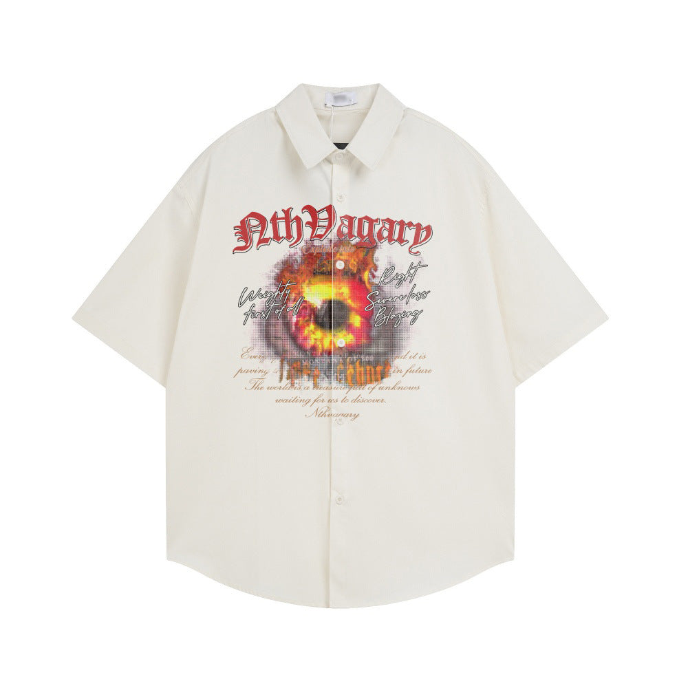 Gothic letter fireball printed short sleeved shirt