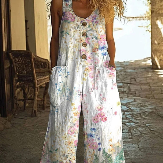 Combinaison à fleurs tendance pour femme avec gilet et poches