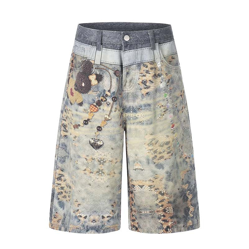 Pendant 3D Digital Printed Washed Denim Cropped Shorts