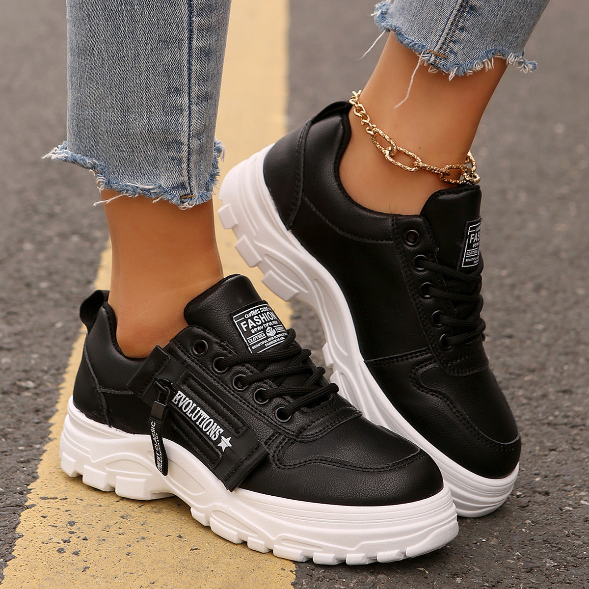 Zapatillas deportivas con cordones, diseño de cremallera lateral, suela gruesa, punta redonda, informales para mujer