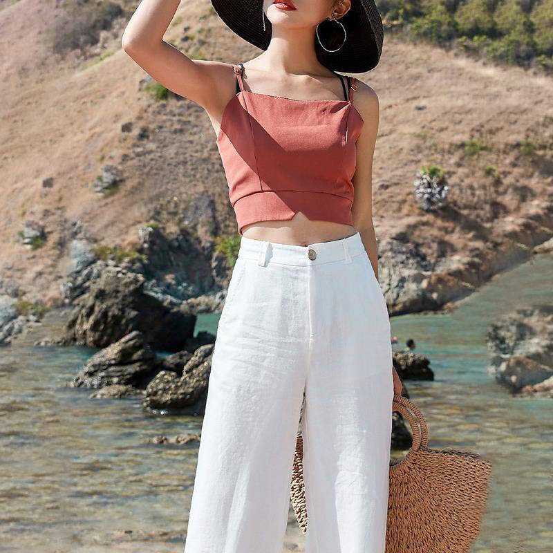 Pantalon long droit taille haute drapé ample et fin en coton et lin pour femme