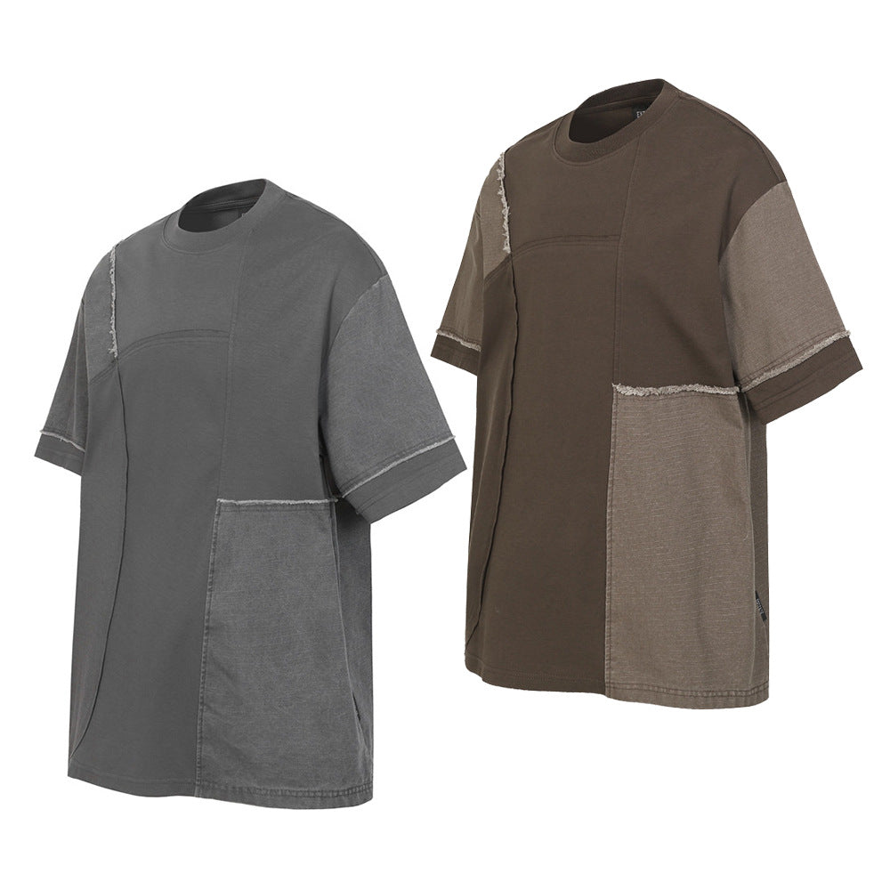 T-shirt à manches courtes à franges et à blocs de couleur irréguliers