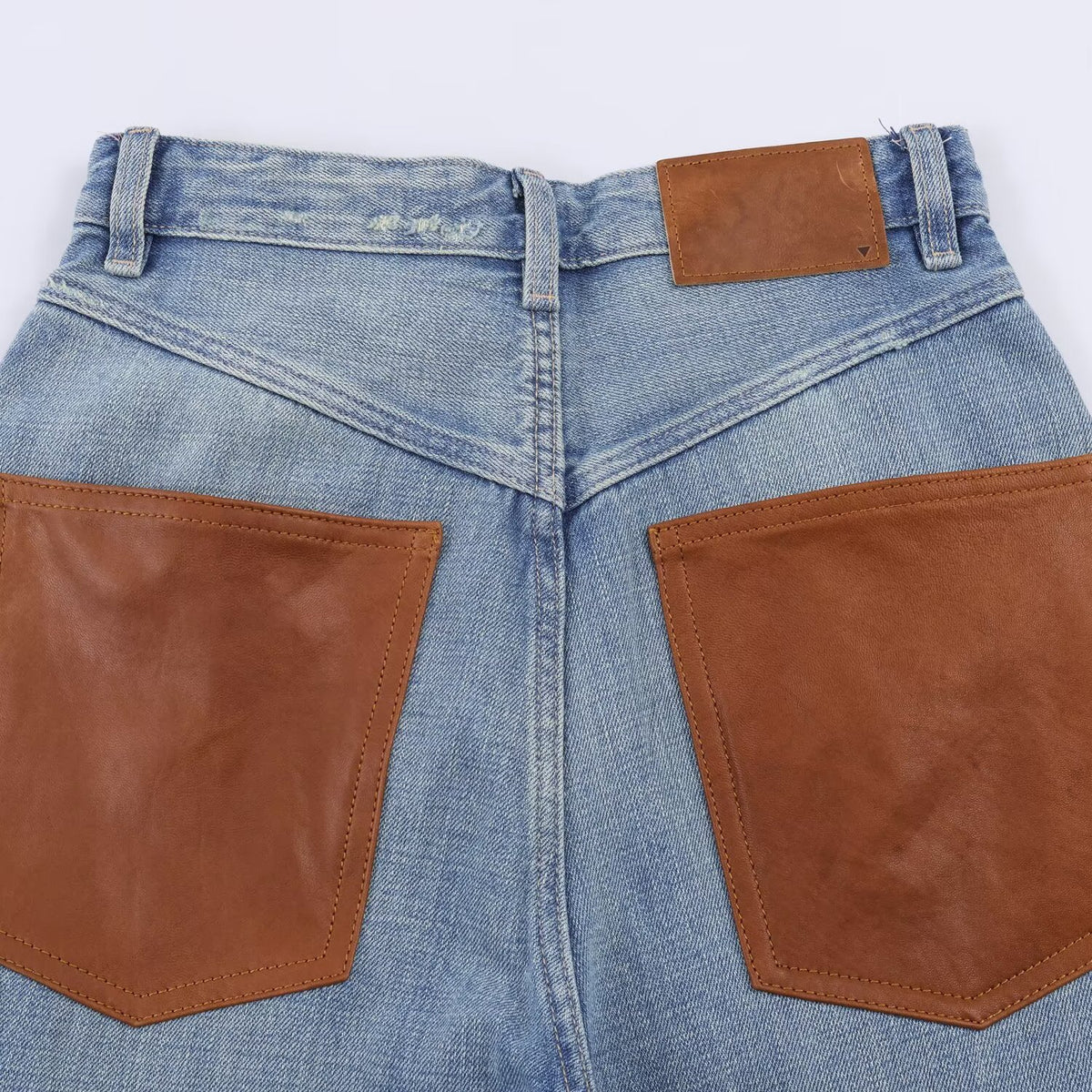 High waisted wide leg leather pocket jeans