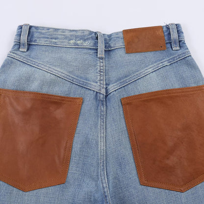 High waisted wide leg leather pocket jeans