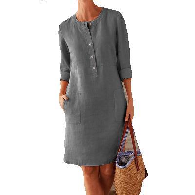 Robe longue à manches longues et col rond en coton et lin pour femmes grandes tailles
