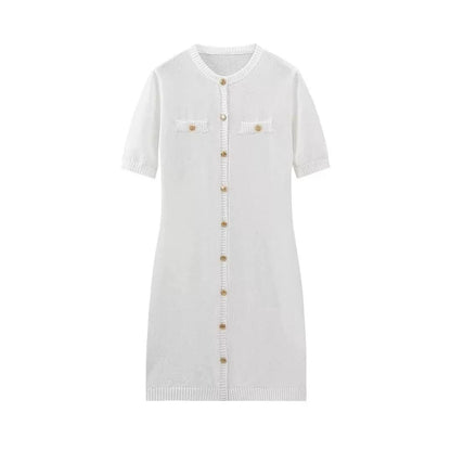 Chic Knit Dress for Women with Metal Buckle, Slim Fit Short Sleeve Waist-CinchingSummer Dress by eprolo