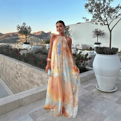 Robe de plage dos nu imprimée, coupe ample, à encolure dos nu