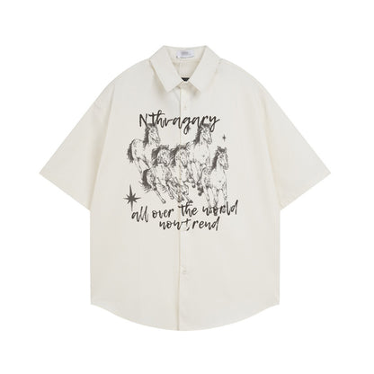 Horse group sketch printed short sleeved shirt