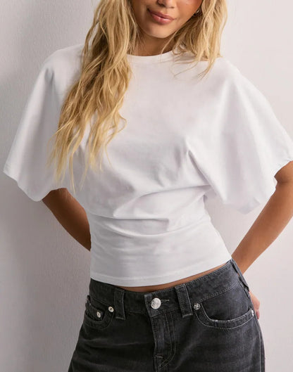 Camiseta de manga murciélago de verano con cuello redondo a la moda, top de manga corta tipo jersey para ropa de mujer