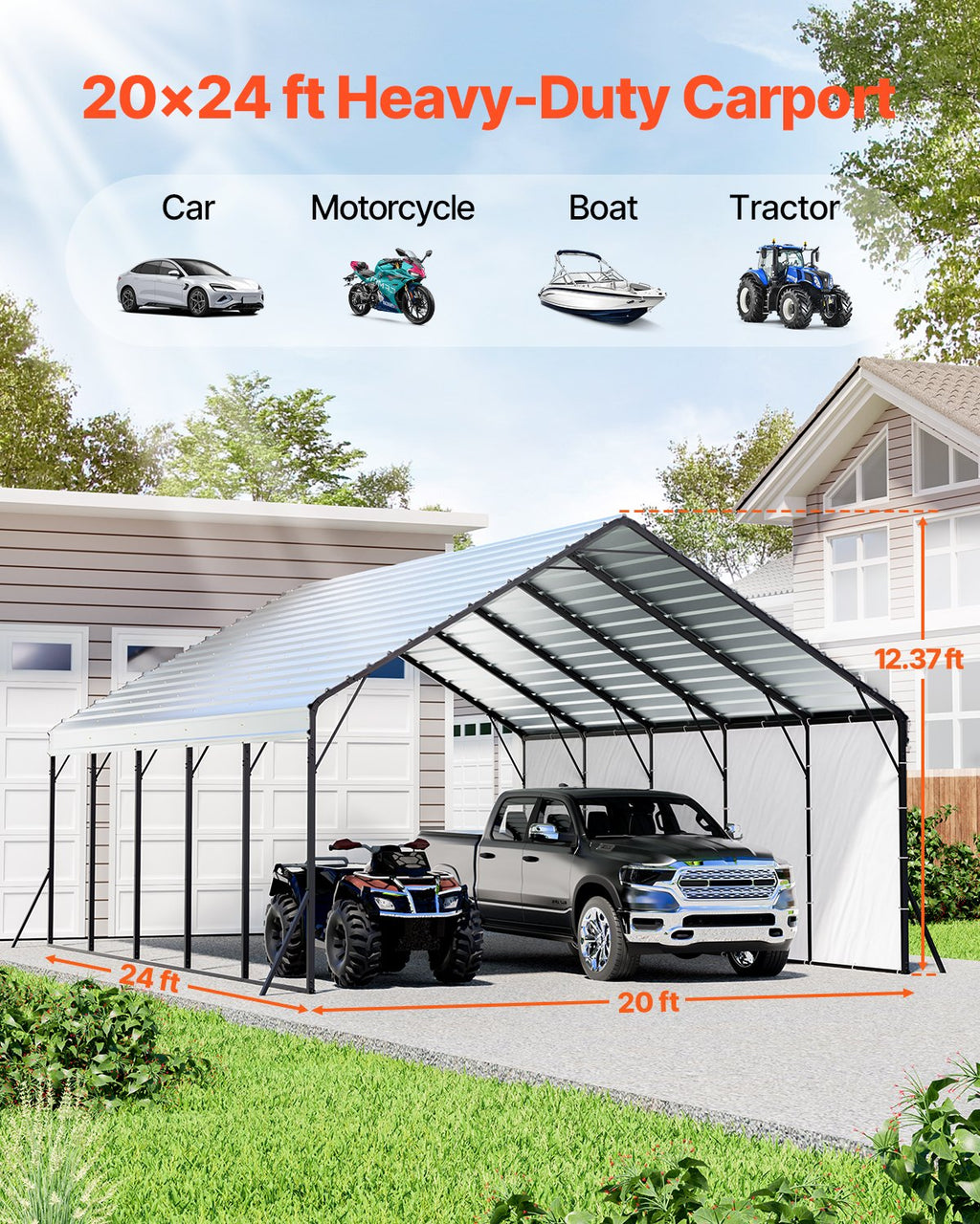 Heavy Duty Metal Carport, 20 X 24 Ft Outdoor Carport