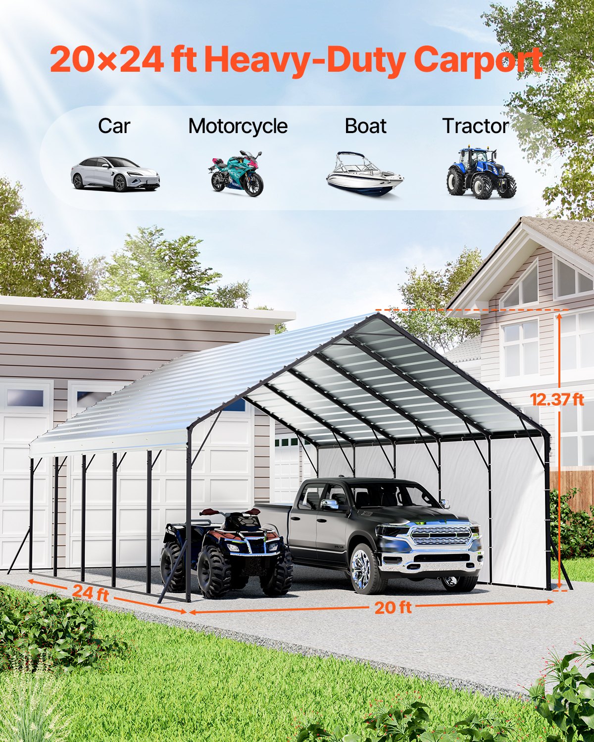 Heavy Duty Metal Carport, 20 X 24 Ft Outdoor Carport