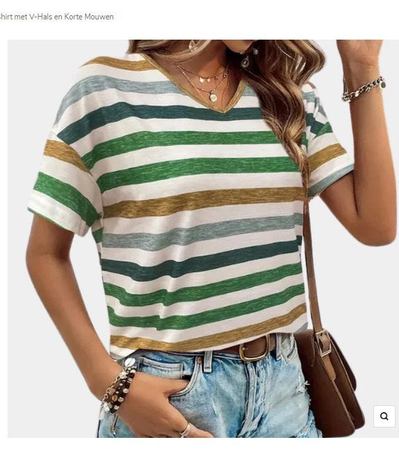 Camiseta Informal de Mujer Manga Corta con Rayas y Cuello en V