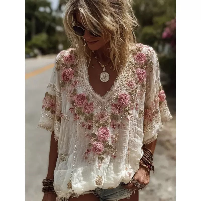 T-shirt à col en V et manches courtes imprimé 3D pour femme, au style élégant, artistique et vintage