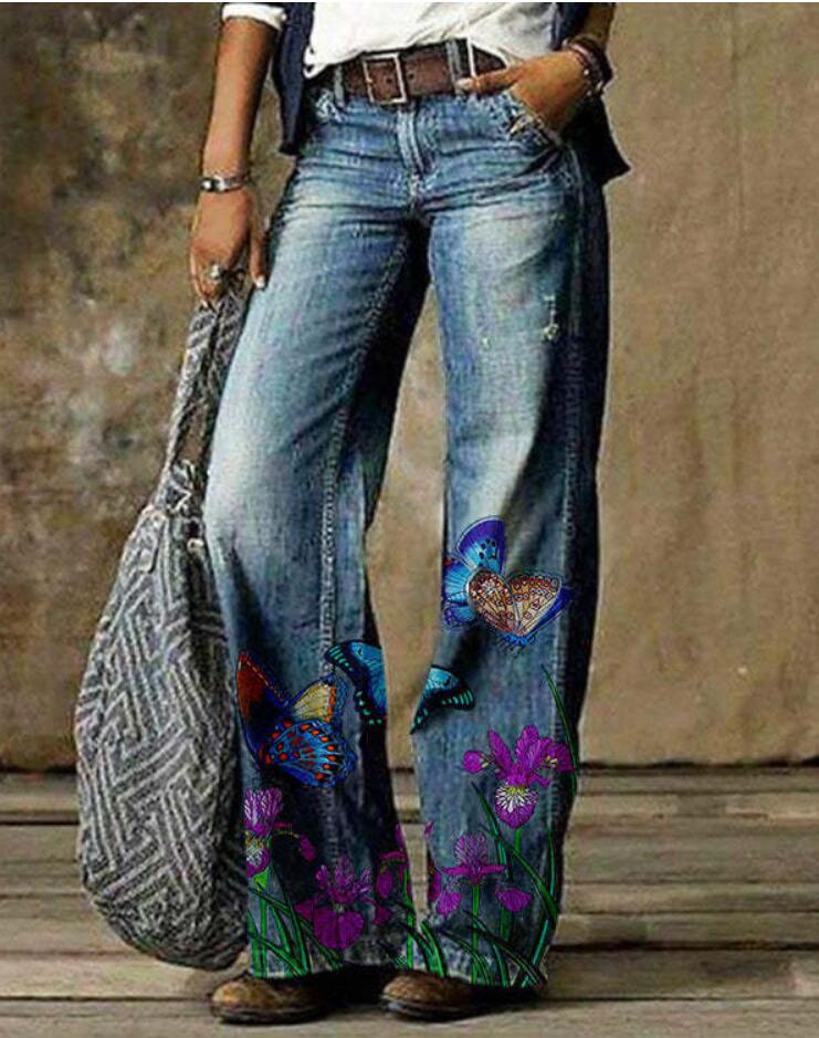 Pantalones de mujer de talla grande con estampado floral artístico