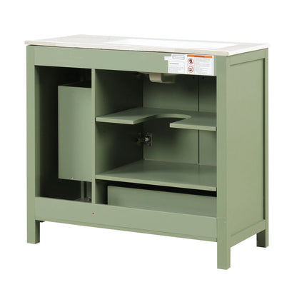 36 inch bathroom vanity with sink, one double door cabinet one large drawer and one flip drawer solid wood and MDF board, green by eprolo