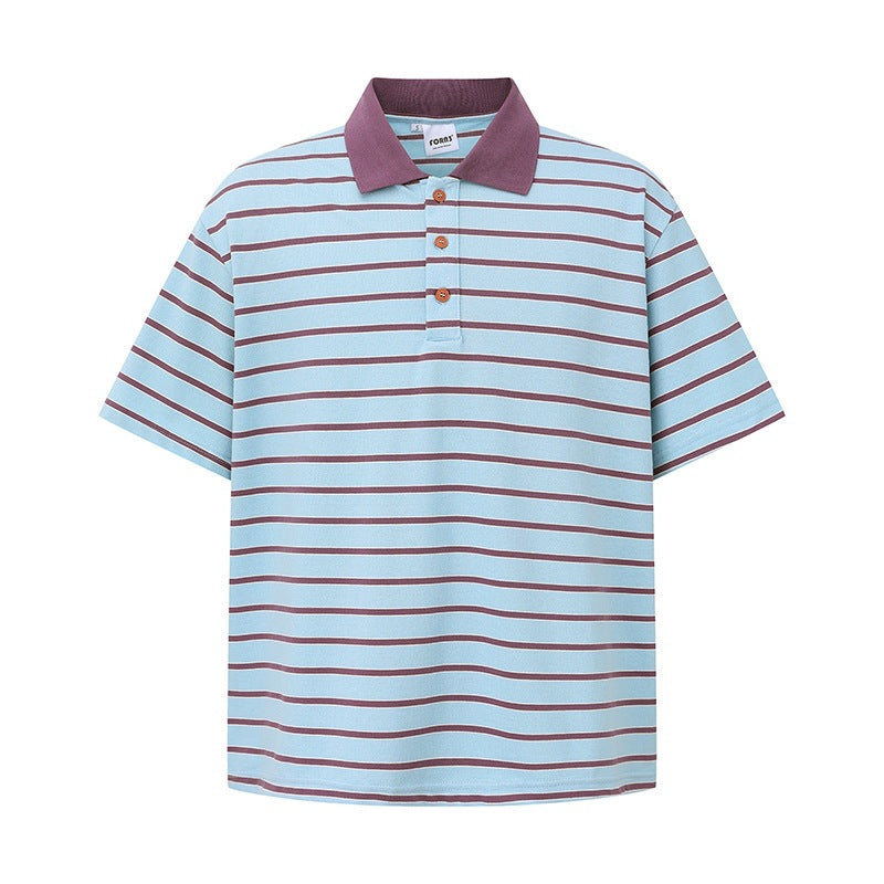 Loose short striped polo collar T-shirt
