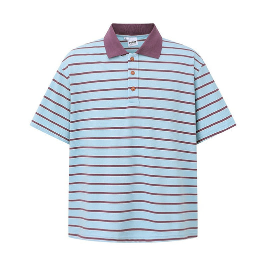 Loose short striped polo collar T-shirt