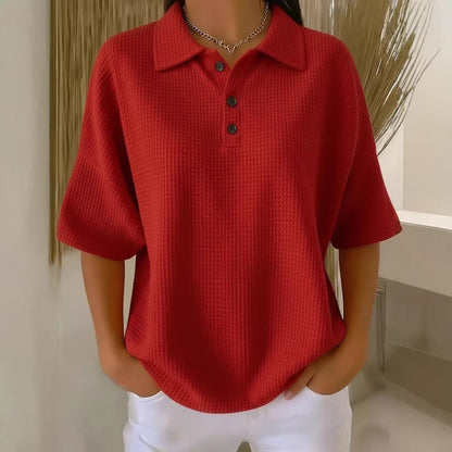 T-shirt boutonné en tricot gaufré à manches courtes, coupe pull, couleur unie