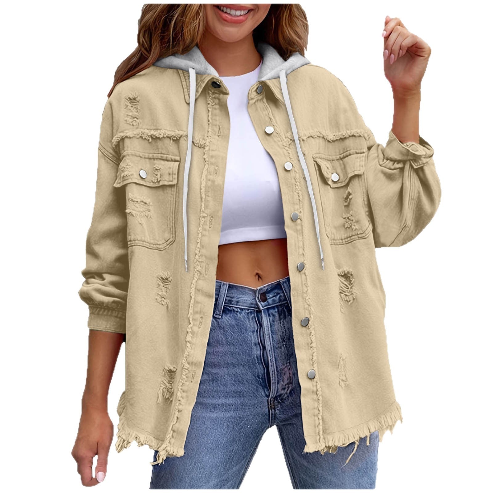 Chaqueta vaquera con capucha holgada de color liso para mujer