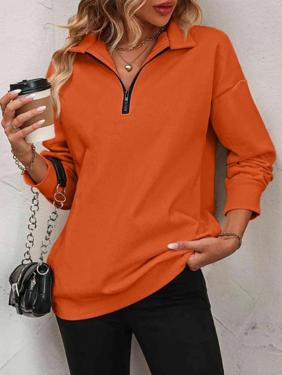Sweat-shirt zippé mi-manches pour femmes, pull à la mode