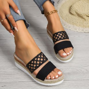 Sandales compensées à bout ouvert en corde et grande taille pour femme