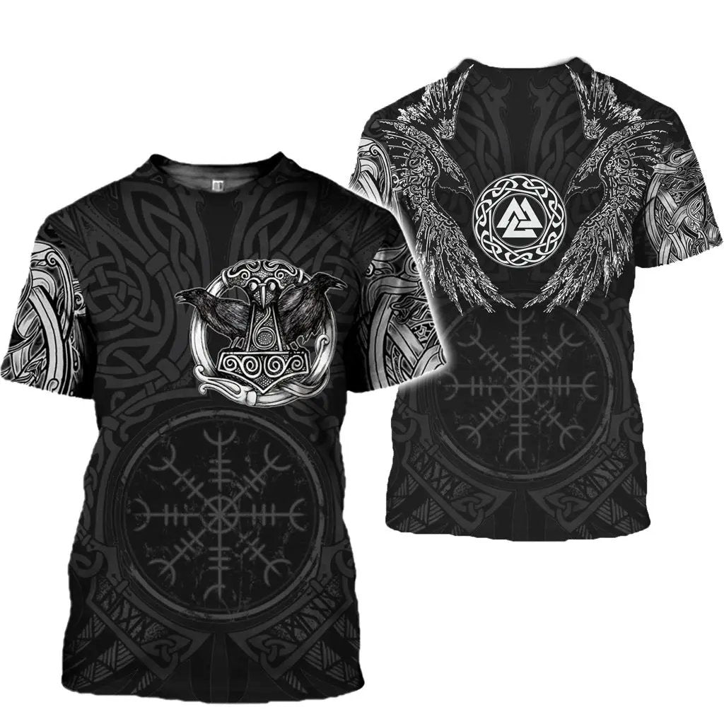 3D digital printing short sleeve unisex T-shirt in black with silver Viking raven motif, AdTec, 2 shirts shown