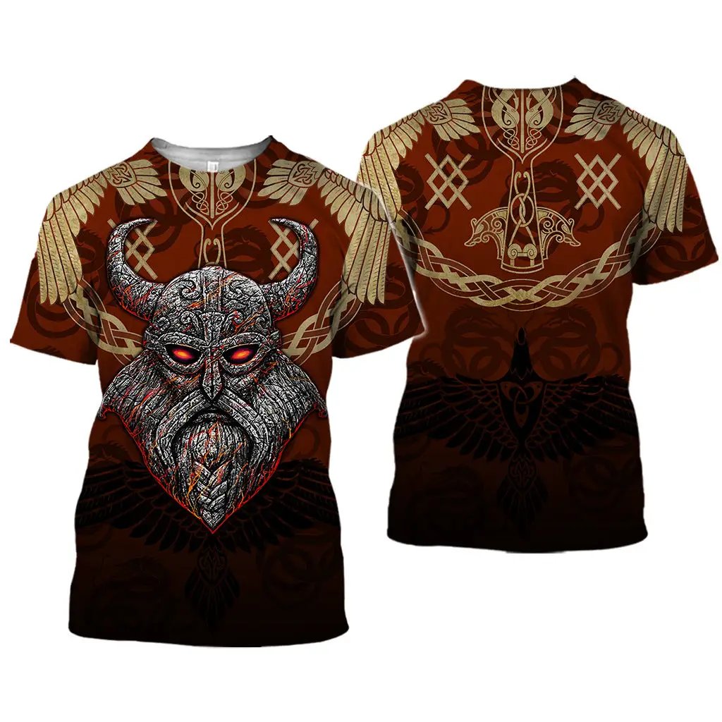 AdTec 3D printed T-shirt; brown unisex two-pack with horned-demon front graphic and Norse knotwork back.