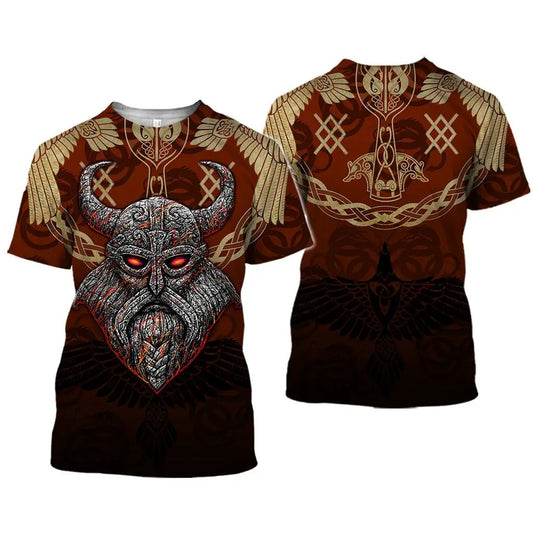 AdTec 3D printed T-shirt; brown unisex two-pack with horned-demon front graphic and Norse knotwork back.