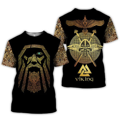 3D digital printing unisex T-shirt; 2 black shirts with gold Viking prints, front bearded face, back circular crest.