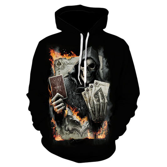 3D digital print skull hoodie by AdTec, black with flaming playing cards design