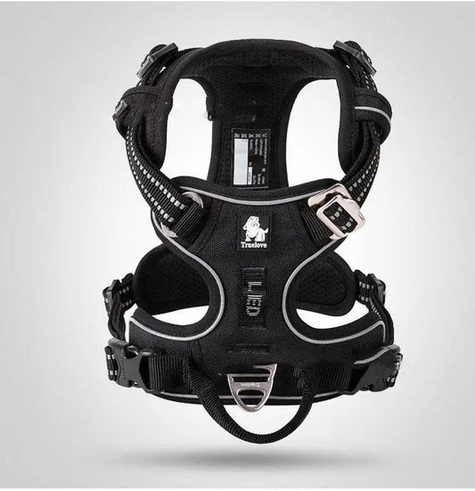 AdTec vest-style dog harness, black with gray trim, metal D-ring for large and small dogs