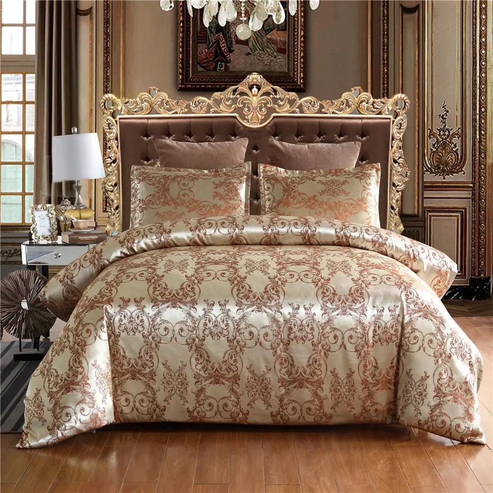 Home Textile European-Style Satin Jacquard Bedding Kit by AdTec on ornate gold bed; beige copper-scroll duvet and shams