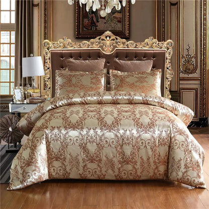 Home Textile European-Style Satin Jacquard Bedding Kit by AdTec on ornate gold bed; beige copper-scroll duvet and shams