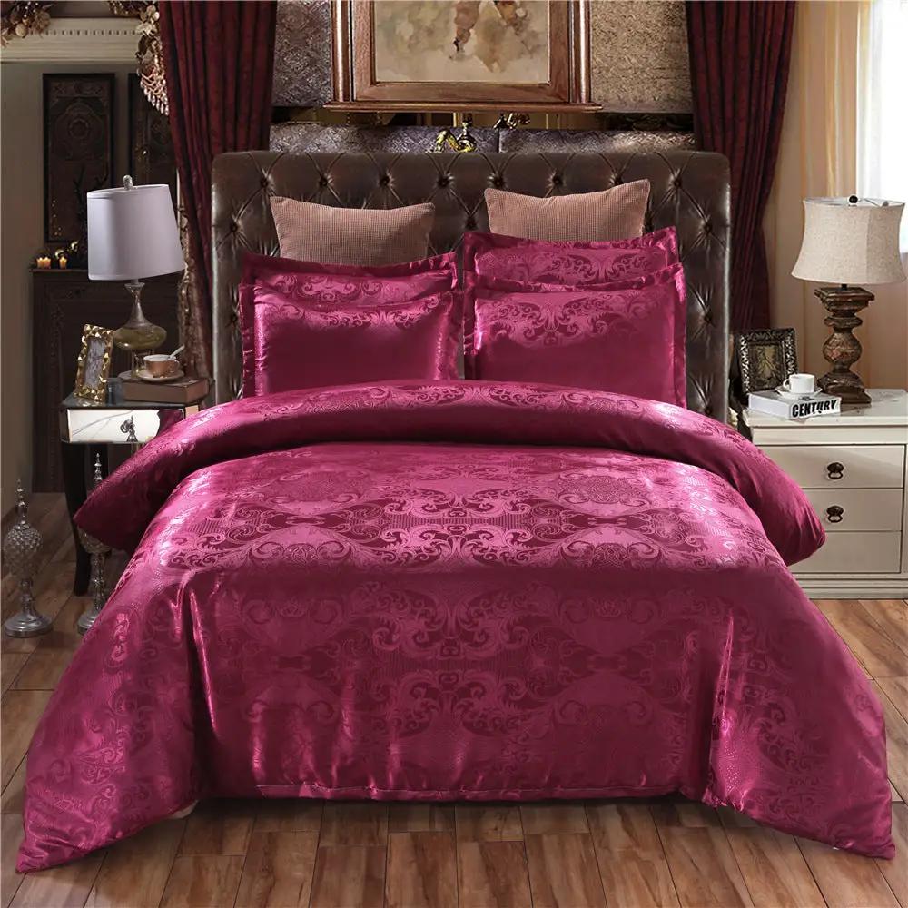 Home Textile European-Style Satin Jacquard Bedding Kit in magenta with damask pattern on bed.